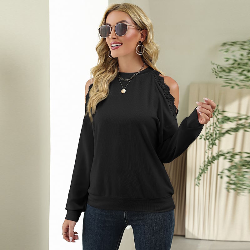 Fashion Lace Panel Sexy Shoulder Drop T-shirt