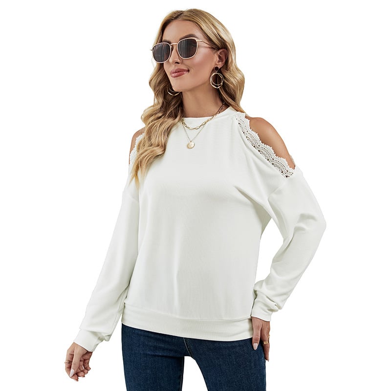 Fashion Lace Panel Sexy Shoulder Drop T-shirt