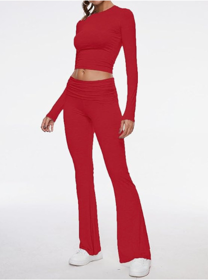 Round Neck Bell-Bottom Pants Set