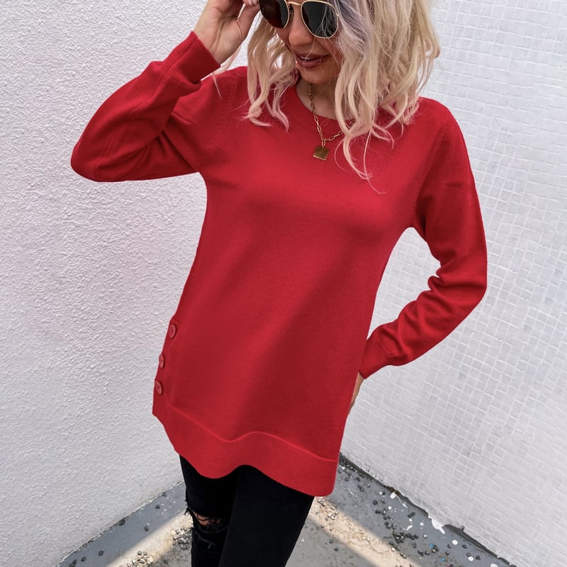Solid Color Round Neck Button Sweater for Women