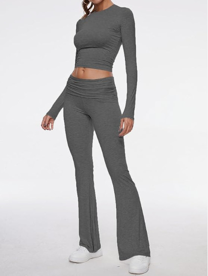 Round Neck Bell-Bottom Pants Set