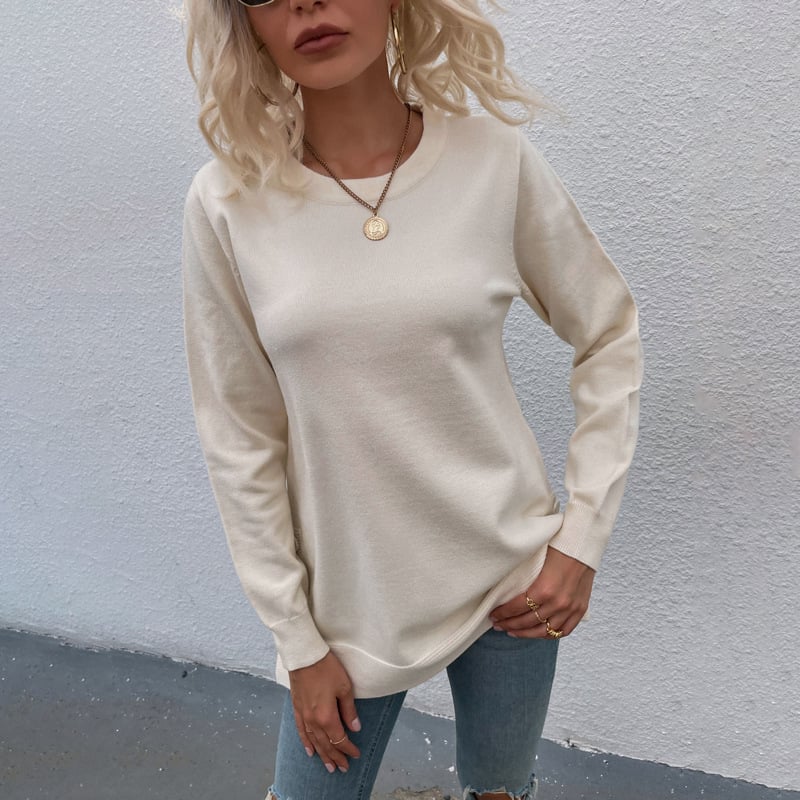 Solid Color Round Neck Button Sweater for Women