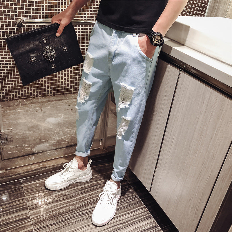 Distressed Slim-Fit Cotton Trousers