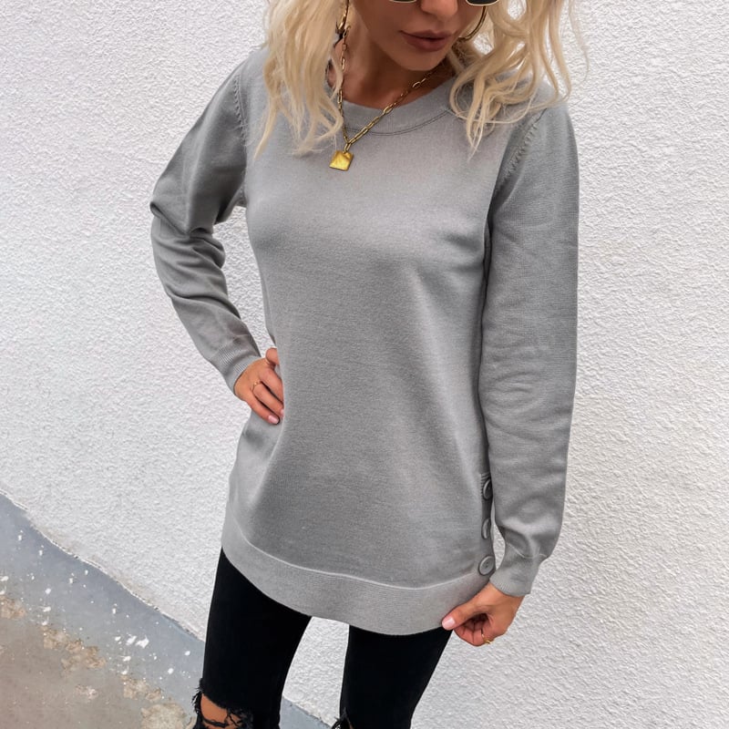 Solid Color Round Neck Button Sweater for Women