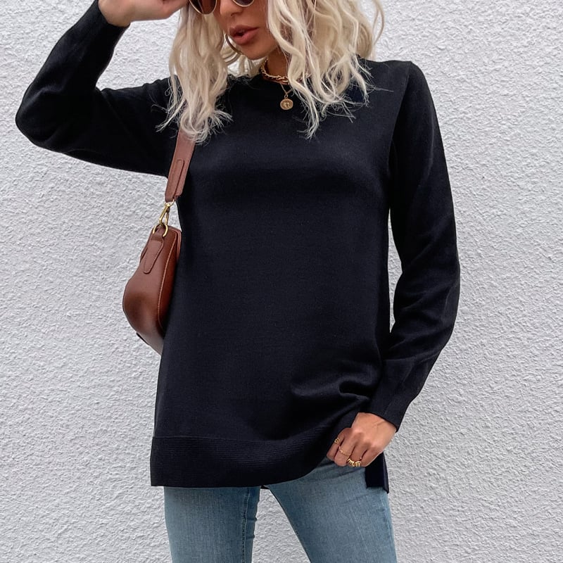 Solid Color Round Neck Button Sweater for Women